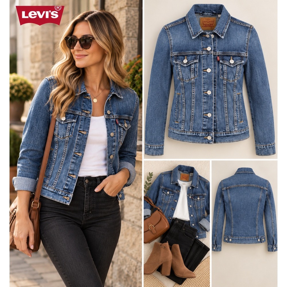 Levi's Womens Denim Trucker Jacket Blue Medium Wash Button Front Size S Classic